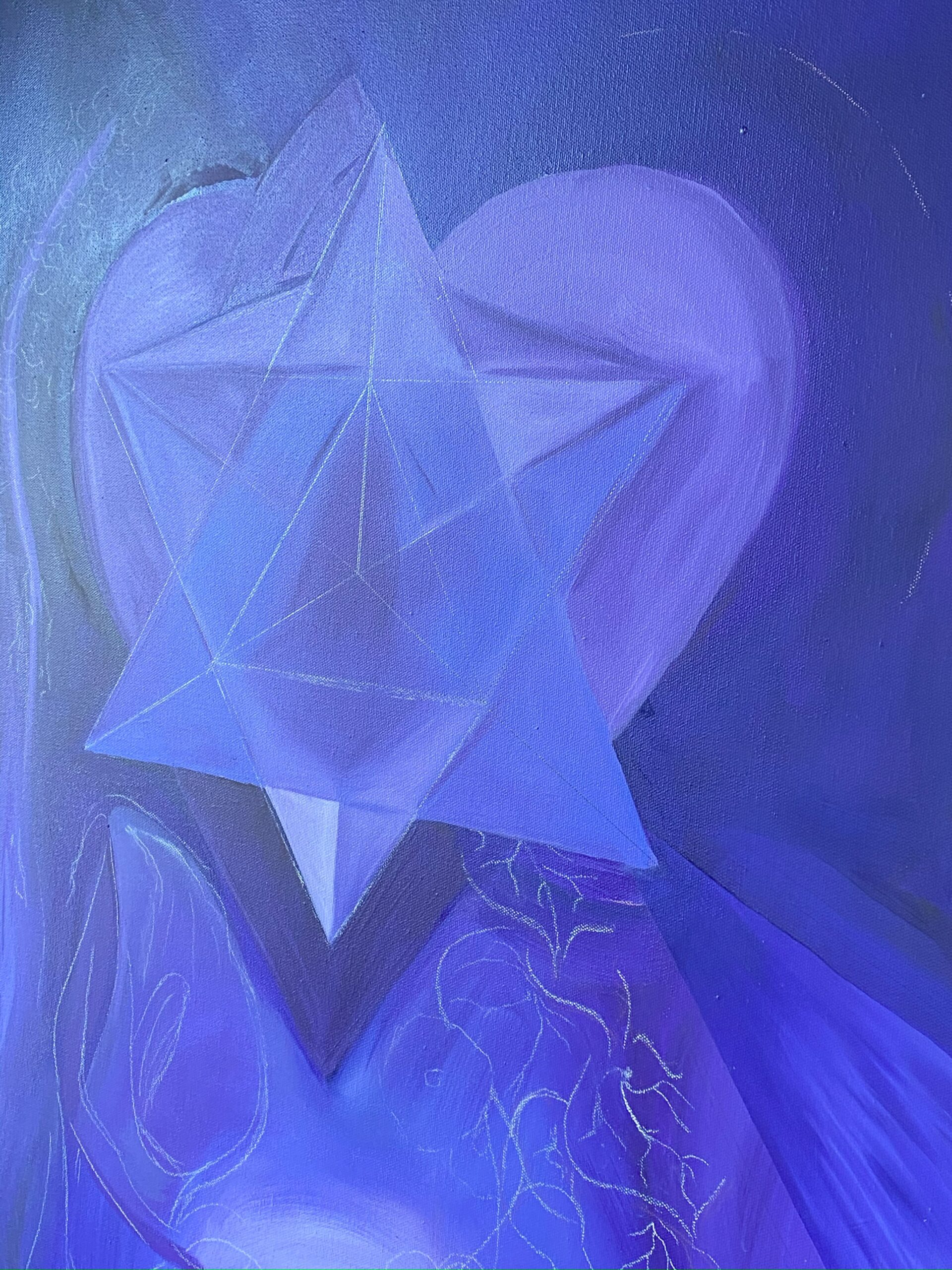 An in-process oil painting in deep purples with the chalk outline of morning glory vines and geometry.