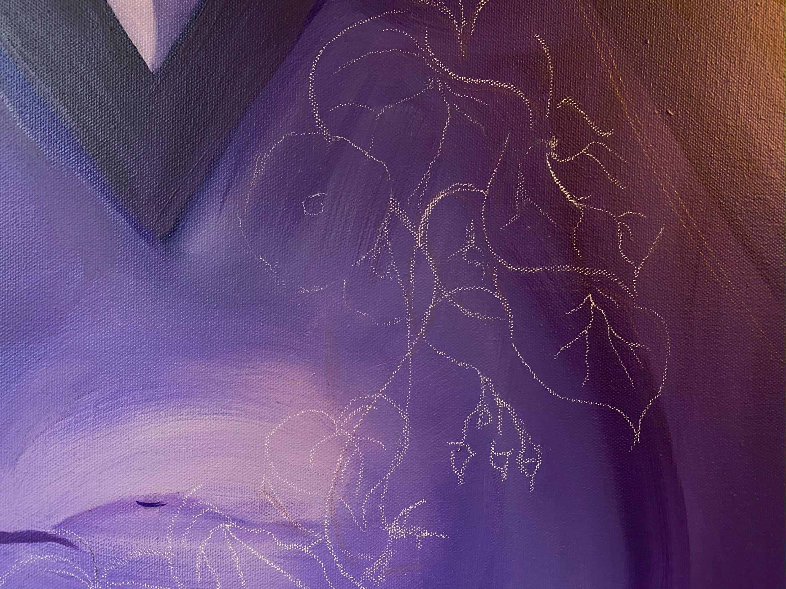 An in-process oil painting in deep purples with the chalk outline of morning glory vines.