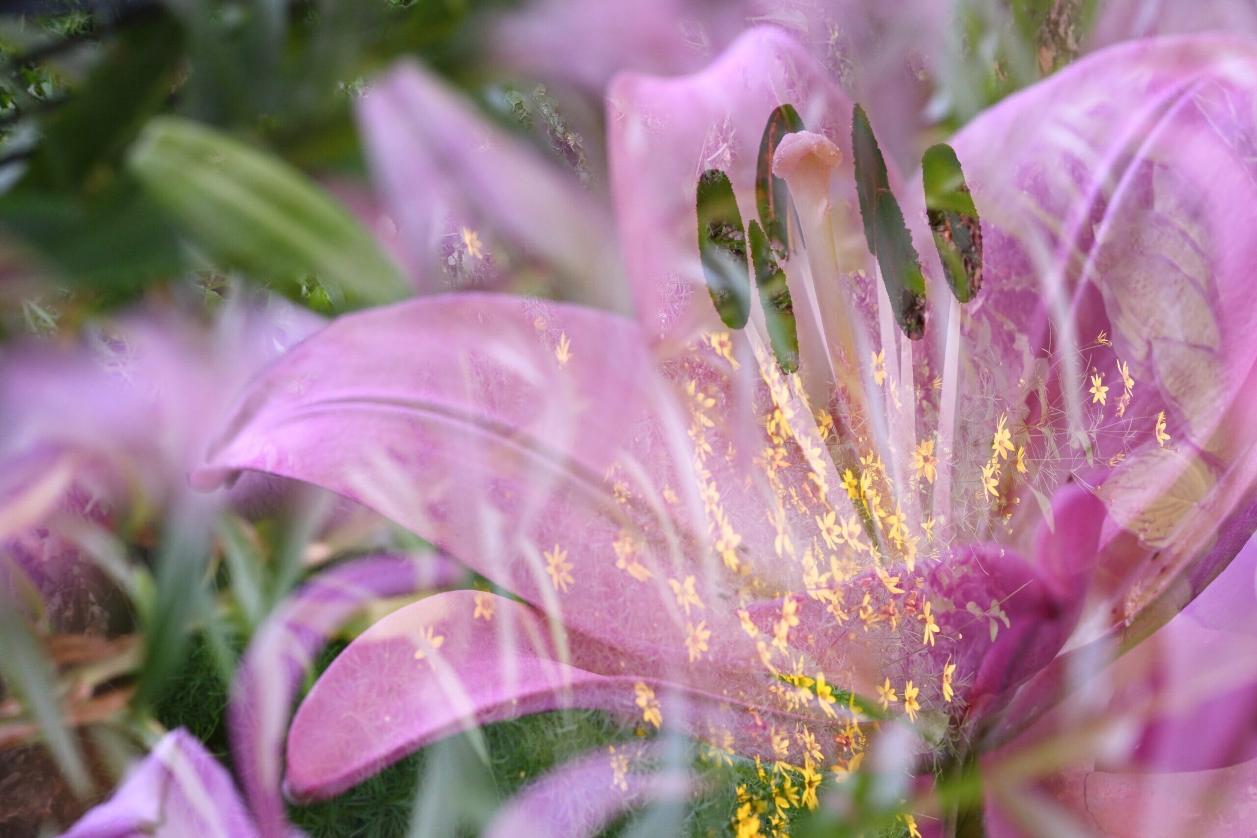 An abstracted double exposure photograph of a pink lily and yellow tickseed. Green foliage blurs throughout the image in the background.