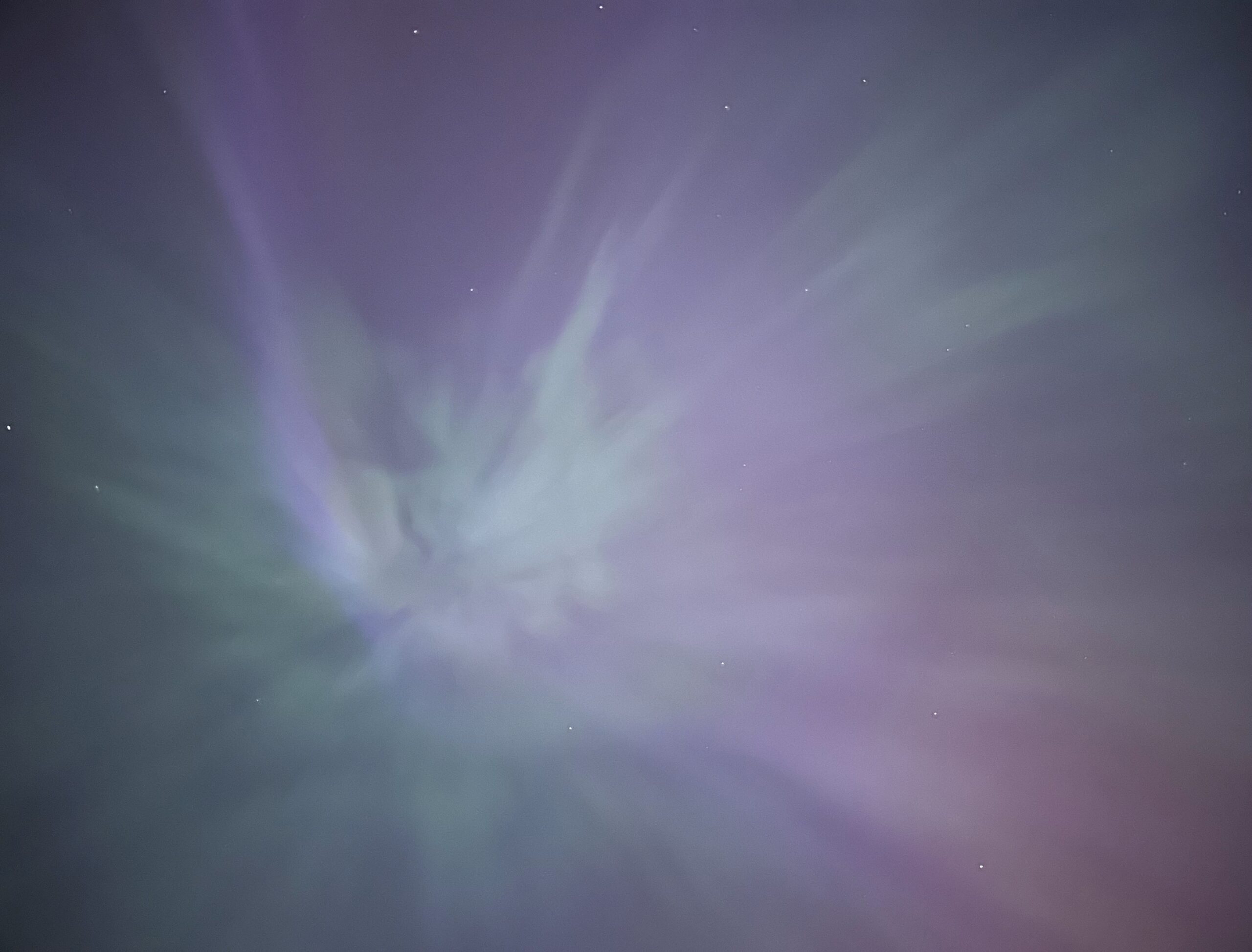 An iPhone photograph looking up at a night sky of streaming purple and pastel teal northern lights.