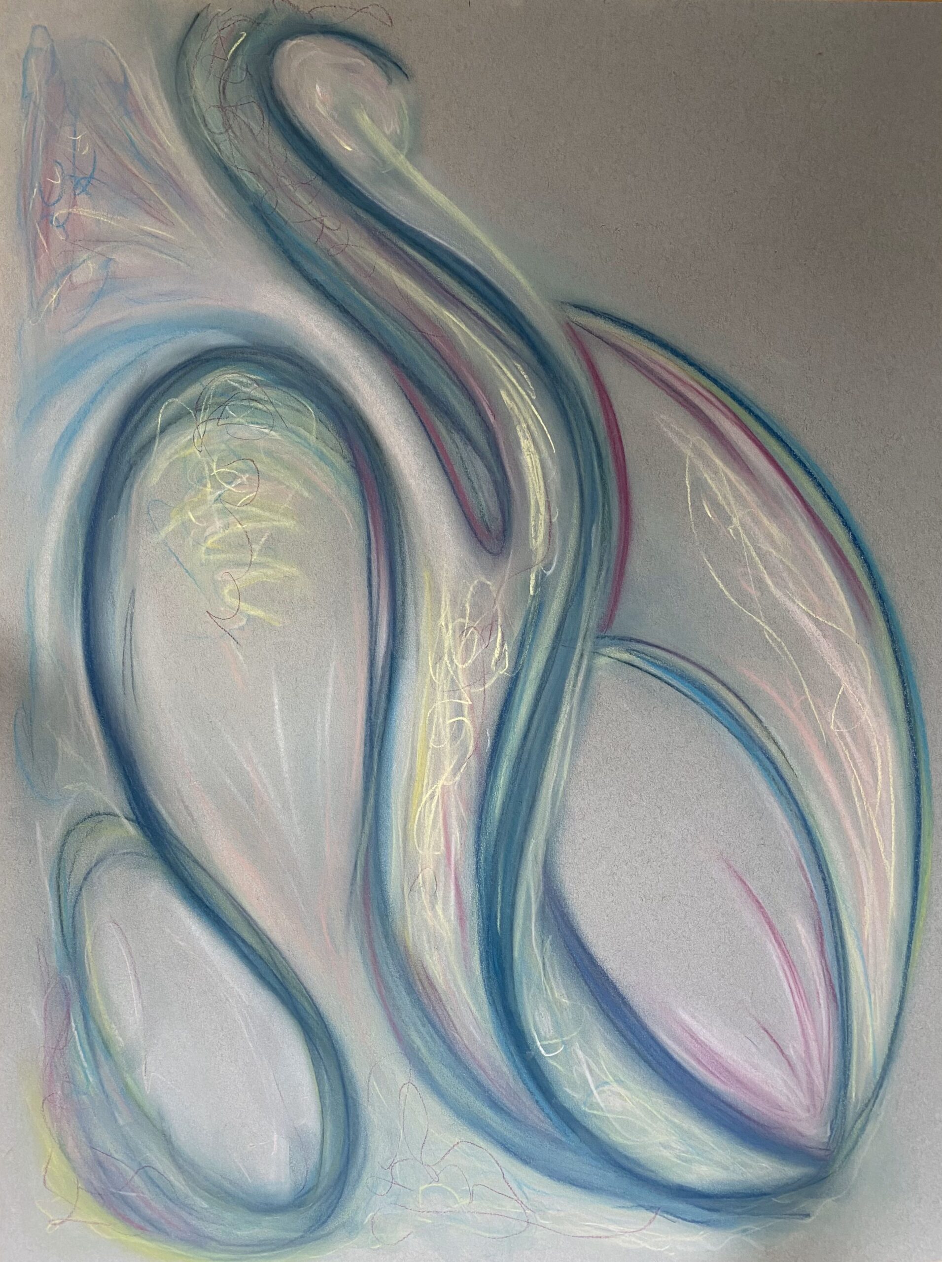 A non-representational pastel painting featuring curvaceous lines in blues and teals with light shades of yellow highlights